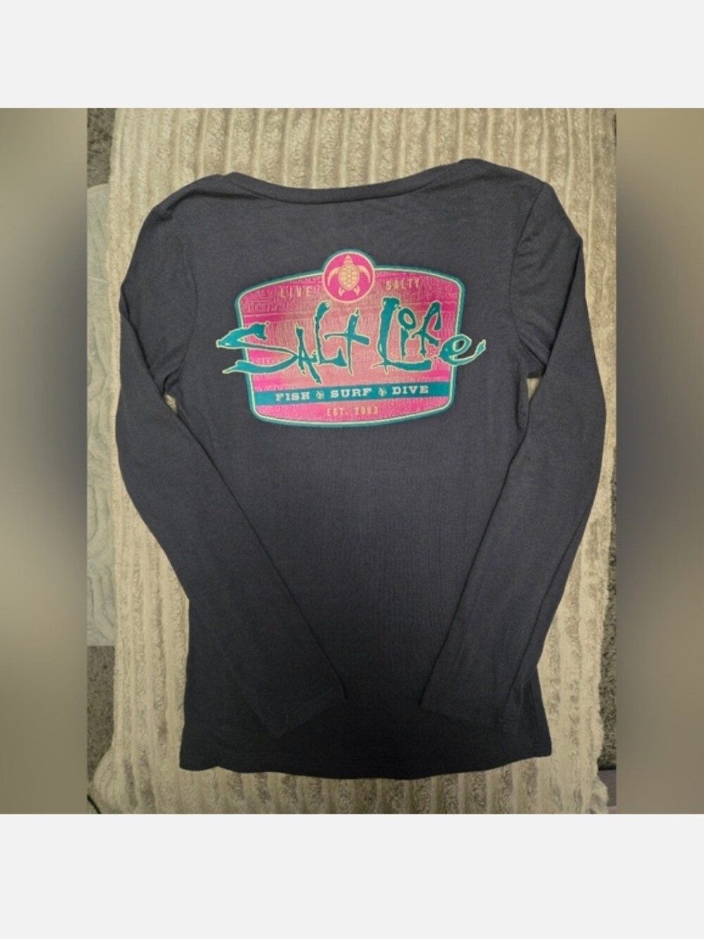 Salt Life Long Sleeve Graphic Tee - Gray with Teal & Pink Logo Size M NWOT